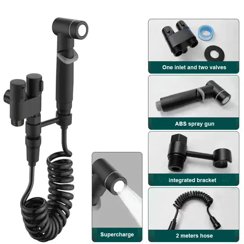 Zinc Alloy High Pressure Bidet Sprayer Kit - Bathroom Toilet Cleaner Spray Gun with 1 In 2 Out Angle Valve, Grey/Silver/Black