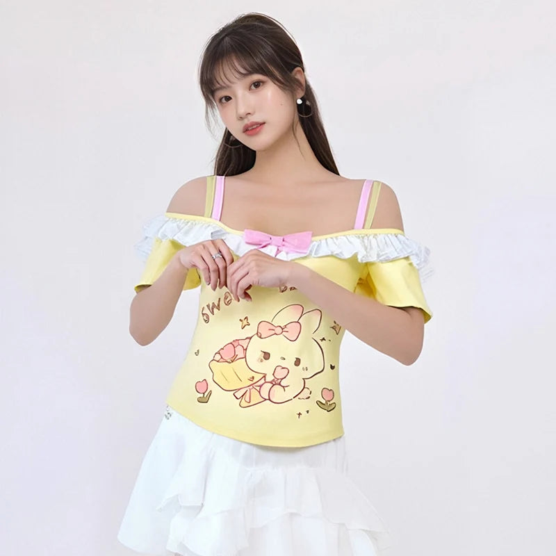 Women clothing T-shirt Y2k Cute Sweet Girls Short Sleeves Crop Top Harajuku Women Lolita Kawaii Cartoon Print ropa de mujer