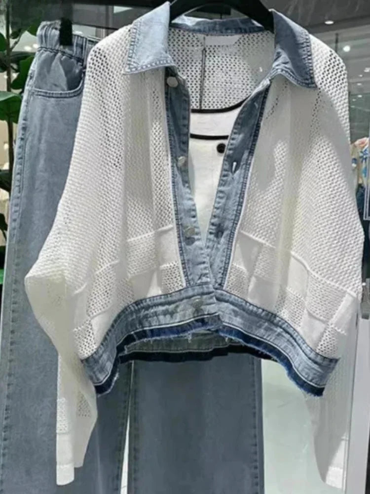 2025 Women Clothing Streetwear Fashion Coats Patchwork Denim Hollow Out Y2k Tops Korean Outwear Casual Loose Jackets Ropa Mujer