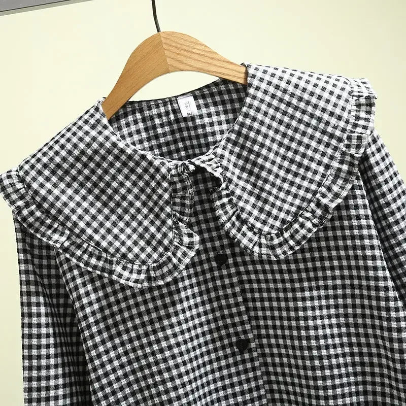 Women Blouse Spring Black White Plaid Long Sleeve Loose-Fitting Shirt Coat Top Blusas Ropa De Mujer