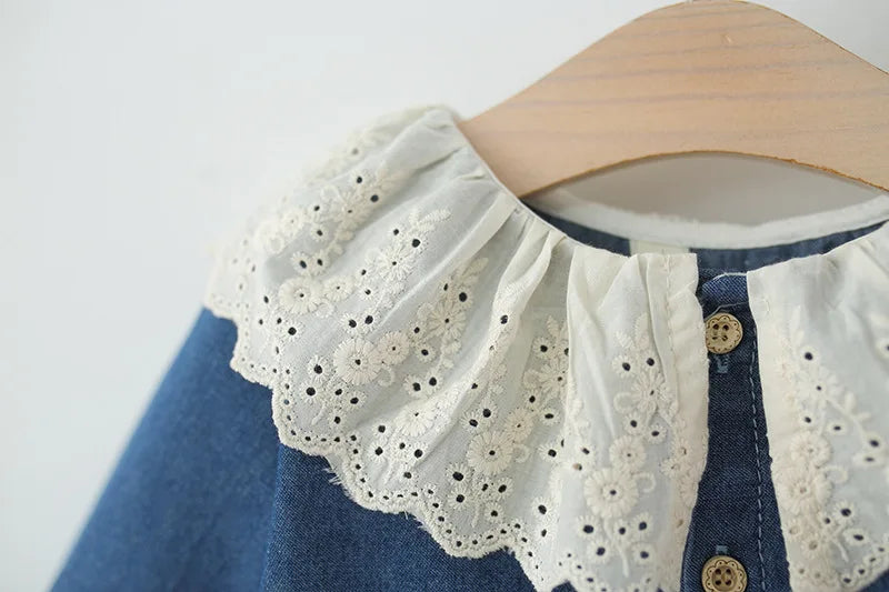 Children's Clothing Autumn Girls' Dress Children's Long-sleeved Foreign Denim Skirt Children's Baby Lace Collar Princess Dress