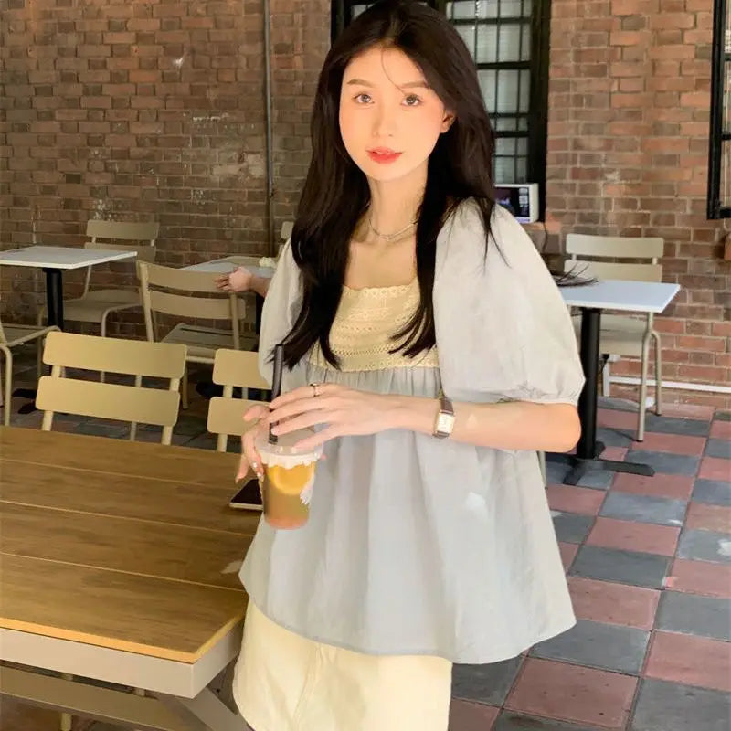 Blouses for Women Patchwork Lace Summer Lovely Aesthetic All-match Sweet Short Sleeve Korean Style Blusas Ropa Mujer Casual Tops