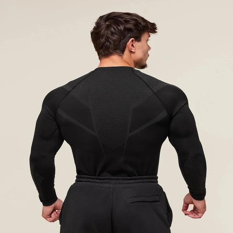 Ropa ajustada para hombre, ropa deportiva para entrenamiento, fitness, correr, cuello redondo largo estampado elástico a la moda