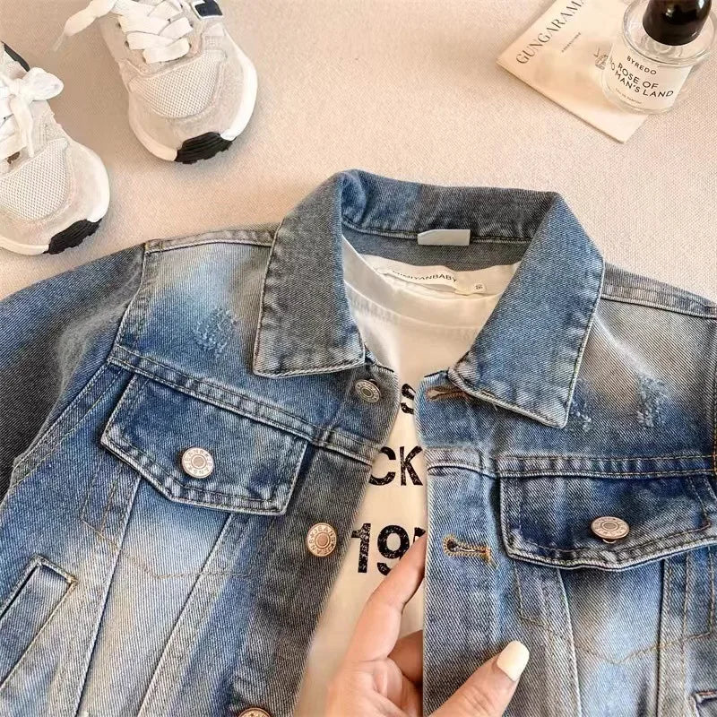 Children's Clothing Denim Jacket 2025 Autumn New Item for Boys and Girls Solid Color Ripped Denim Jacket Baby Versatile Top