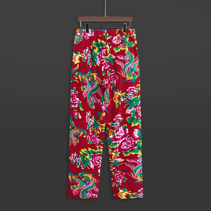 Red Men's Printed Suit Pants, Fashion Casual Trousers, Black Nostalgic Style Pantalones Hombre M-5XL Cotton Pant