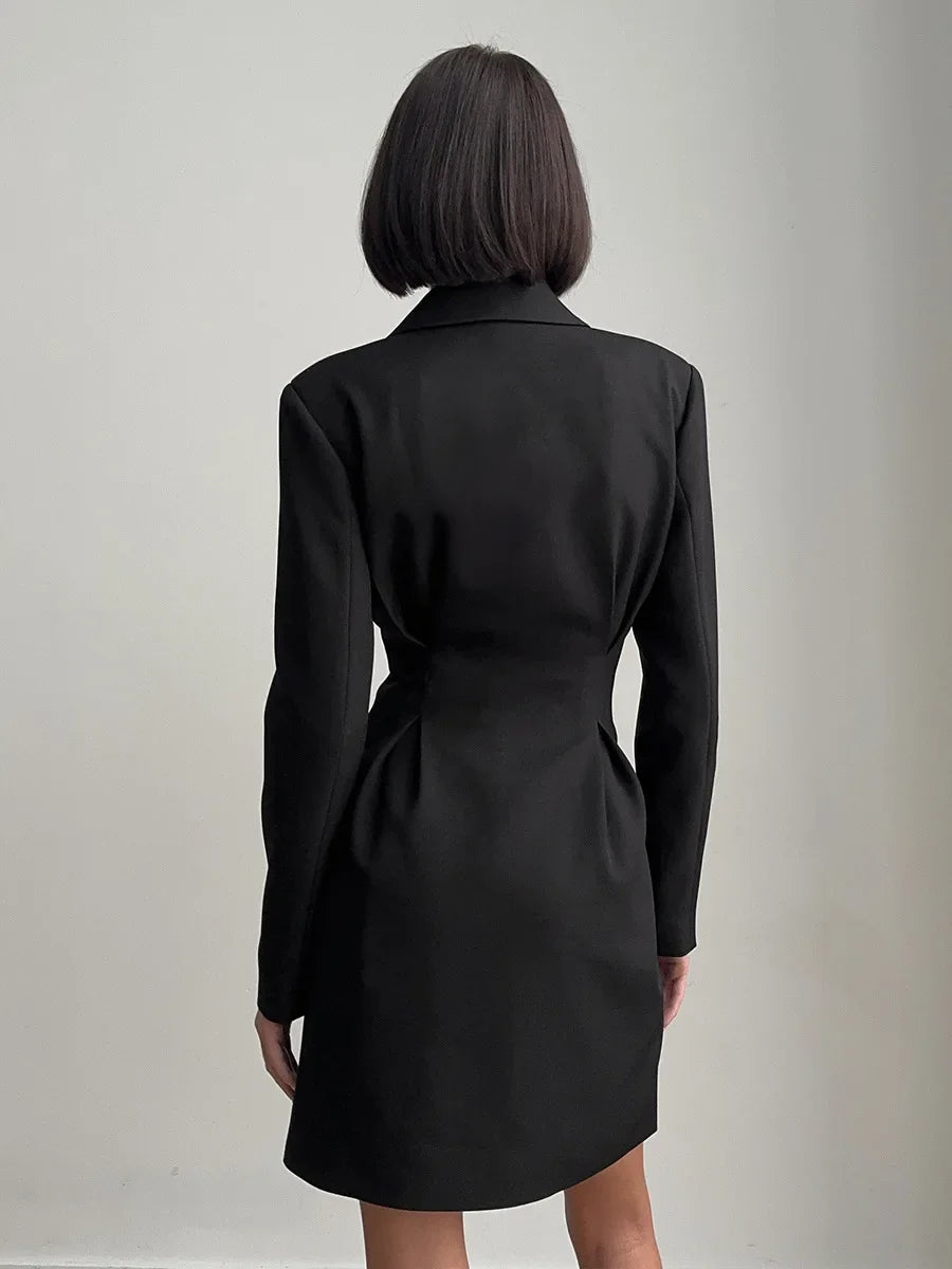 Woman Clothes Elegant Double Breasted Tunics Blazer Dresses Office Lady Notched Long Sleeve Buttons Solid Black Short Dress