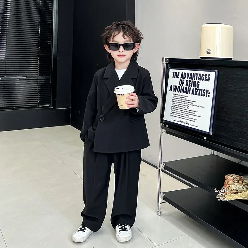 2025 Spring Children Suits Outfits Casual Loose Page Boy Wedding Costume 2 To 12 Y Toddler Host Catwalk Performing Blazers Set