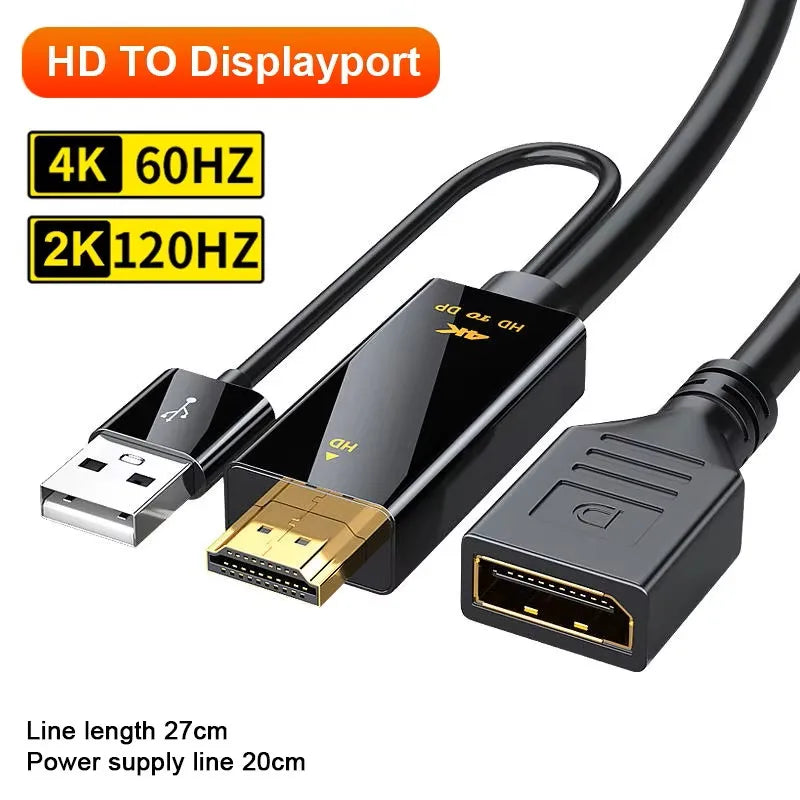 4K@60Hz HD to DisplayPort Unidirectional Adapter with USB Power Cord HDMI-compatible to DP Cable for PC Computer Game Monitor