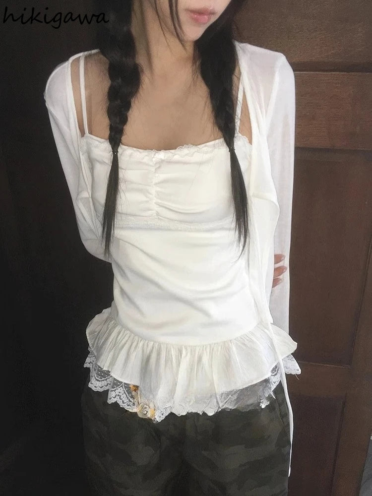 2025 Ropa Mujer Korean Fashion Vest for Women Patchwork Lace Sweet Camis Sleeveless Tunic Camis Solid Color Summer Sexy Tanks