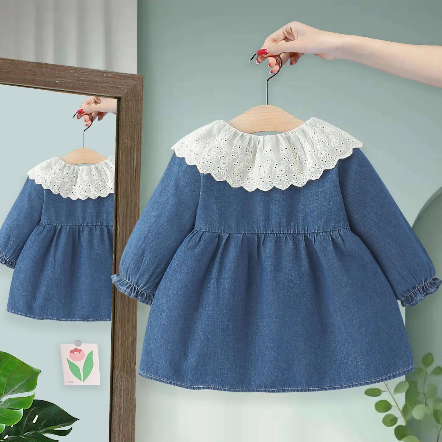 Children's Clothing Autumn Girls' Dress Children's Long-sleeved Foreign Denim Skirt Children's Baby Lace Collar Princess Dress