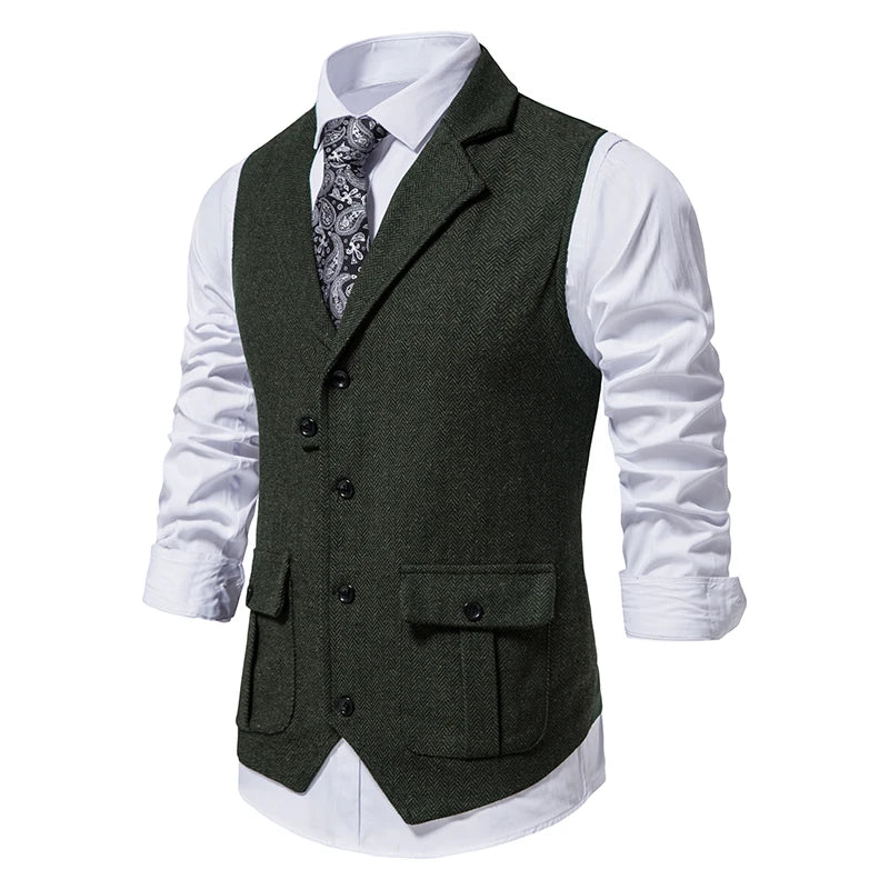 Costume Homme Vintage Suit Vest Men Herringbone Tweed Gentleman Elegant Wasitcoat Mens Business Formal Dress Vest Chaleco Hombre