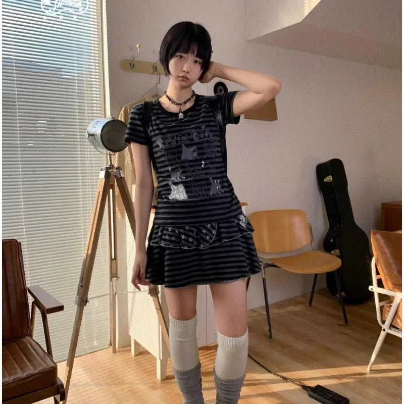 2025 Ropa Mujer Cat Print Cute Striped Woman Tshirts Summer Korean Fashion Tees Casual Japanese T-shirt Y2k Tops Women Clothes