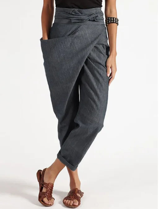Women's Wide Leg Pants women Trousers Elastic Waist Cargo Casual Pants With Band Irregular lace up cropped pants ropa mujer