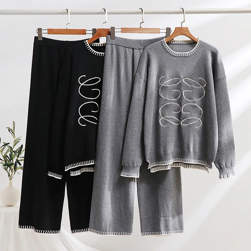 Casual Tracksuit Women Two Piece Set 2 Piece Long Sleeve Cozy Loungewear Knitwear Women Set Knitted Two Piece Set For Women 2024