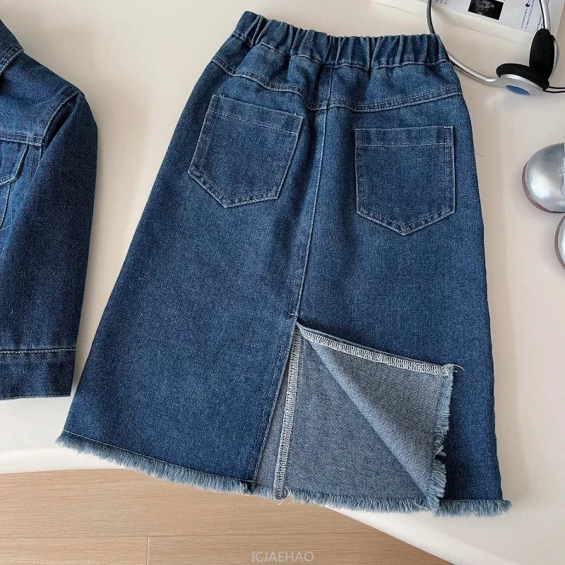 Teen Girl Clothes Little Baby 2 Piece Clothing DenimPiece Sets Fashion Children Autumn Outfits Kids Jacket and Long Skirts Two