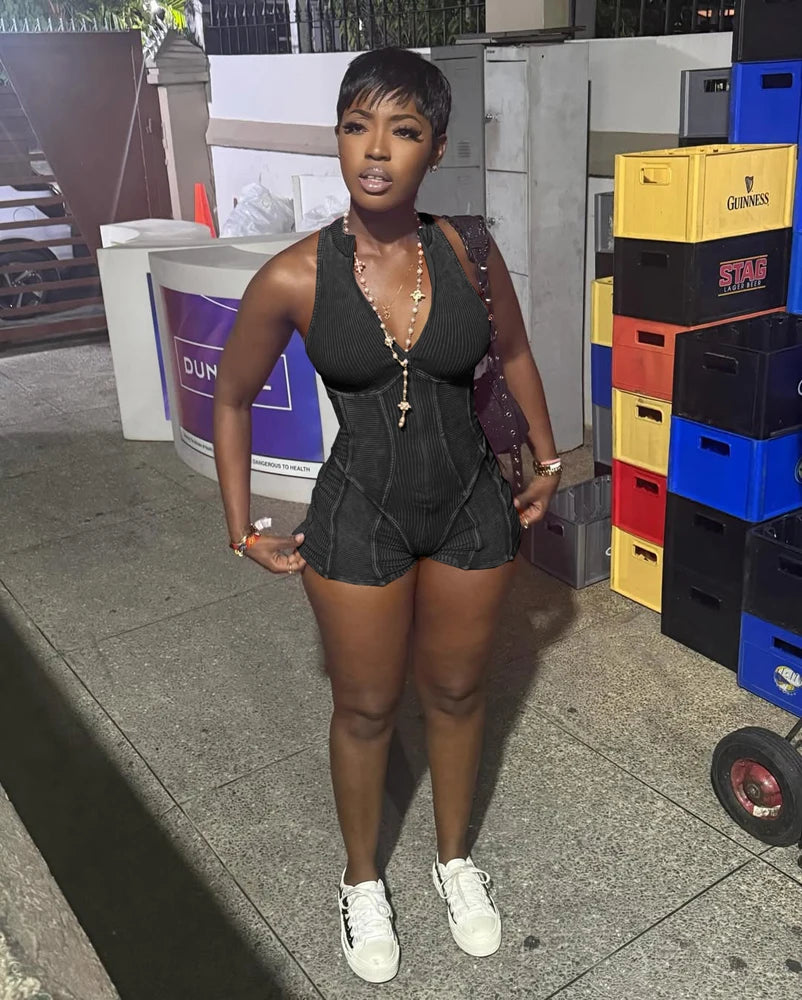 Women Ribbed 1 Piece Rompers 2025 Summer Casual Washed Retro Playsuits Street Clothes Sexy V Neck Sleeveless Bodycon Jumpsuits