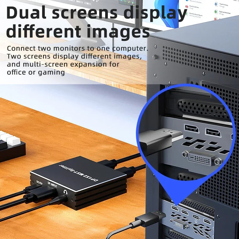 4K 60Hz DisplayPort Splitter 1 In 2 Out DP 1.4 MST Hub 1x2 Extend DP to HDMI Dual Monitor for Desktop Video Card to TV Monitor
