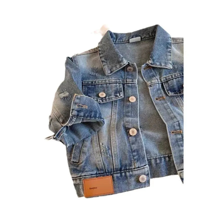 Children's Clothing Denim Jacket 2025 Autumn New Item for Boys and Girls Solid Color Ripped Denim Jacket Baby Versatile Top