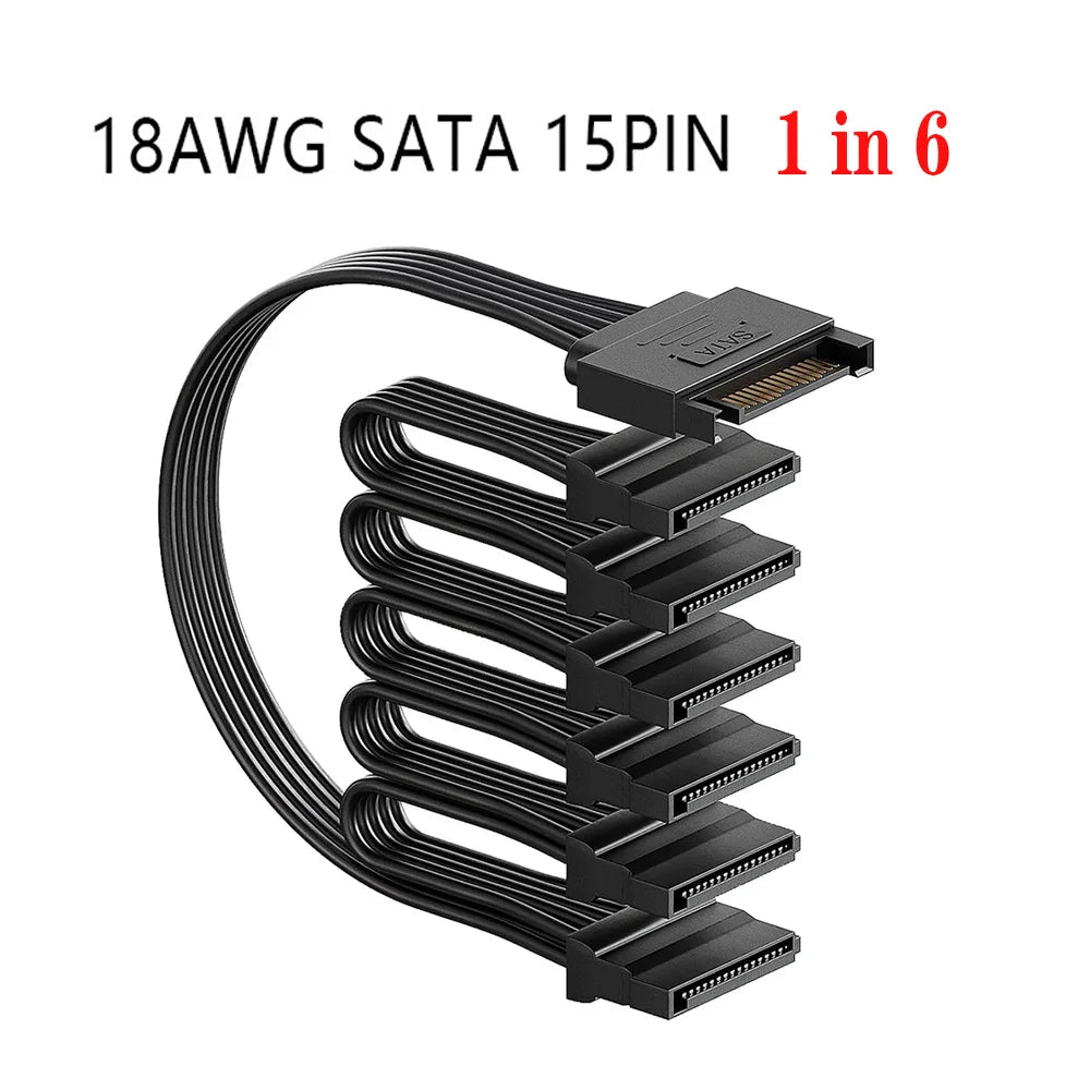 Sata Power Splitter Cable 6 Way, 15 Pin SATA to 1 To5/6 for HDD、SSD、Optical Drives, sata Power Connector Supply Extension Cabl