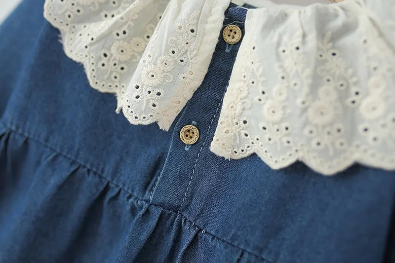 Children's Clothing Autumn Girls' Dress Children's Long-sleeved Foreign Denim Skirt Children's Baby Lace Collar Princess Dress