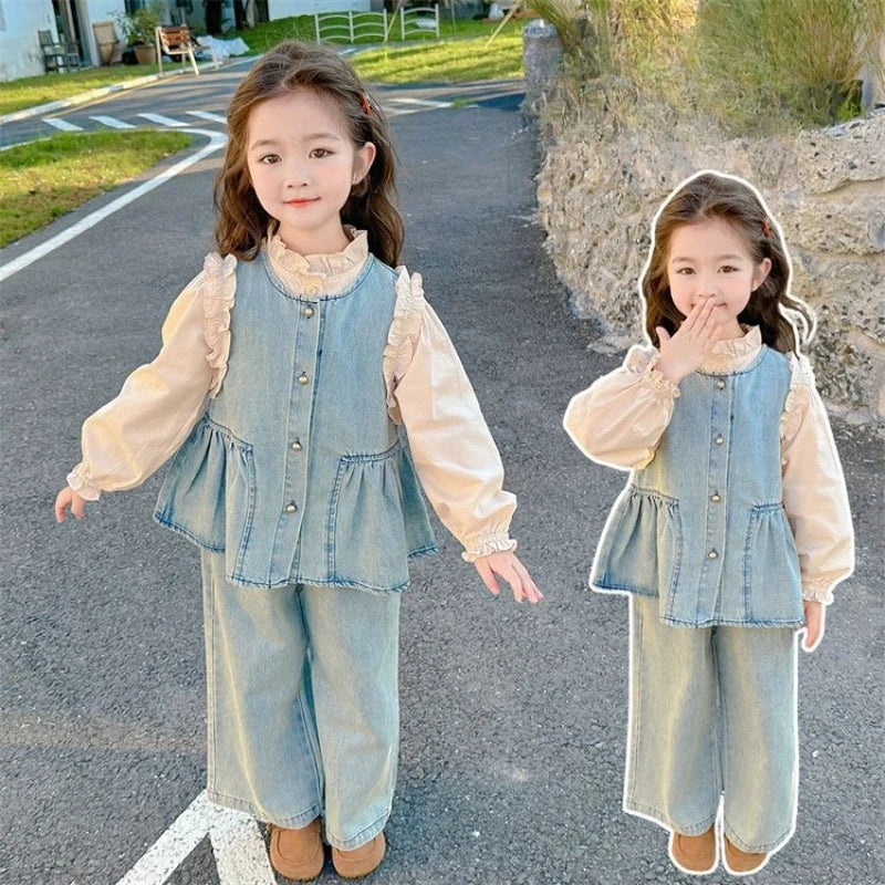 Children's Clothing Sets Girls Denim Vest + Long Sleeve Shirt + Wide Leg Pants Three-piece Suit Toddler Kids Boutique Clothes