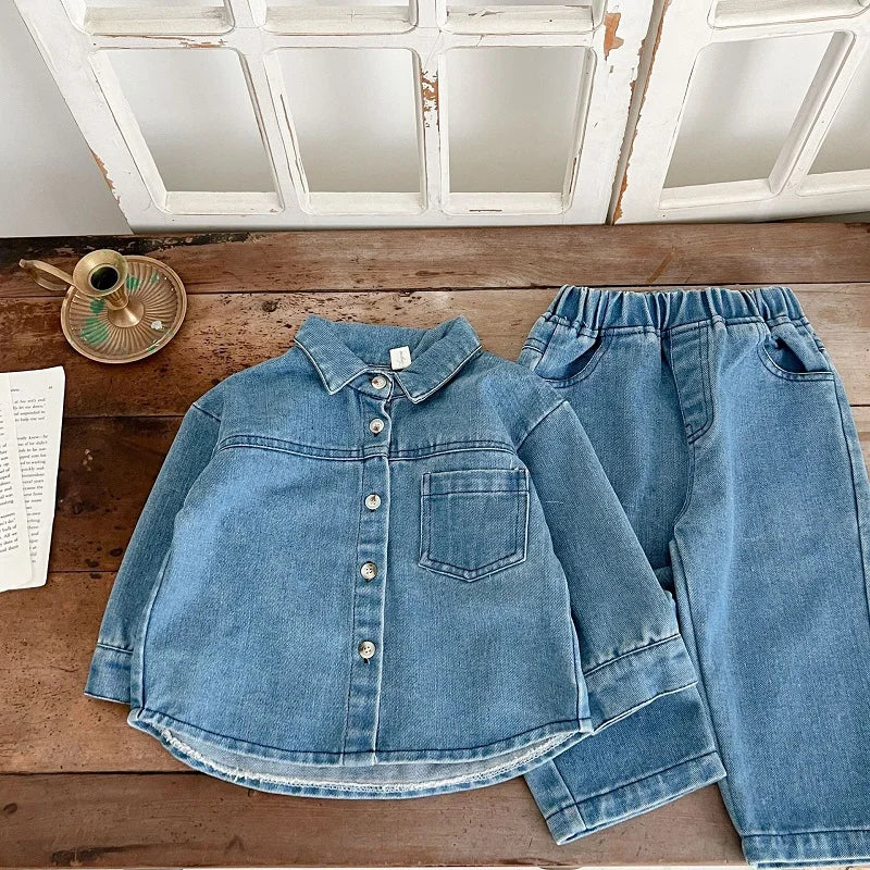 Children's suit spring and autumn boys and girls long-sleeved denim shirt jacket trousers two-piece baby top denim suit