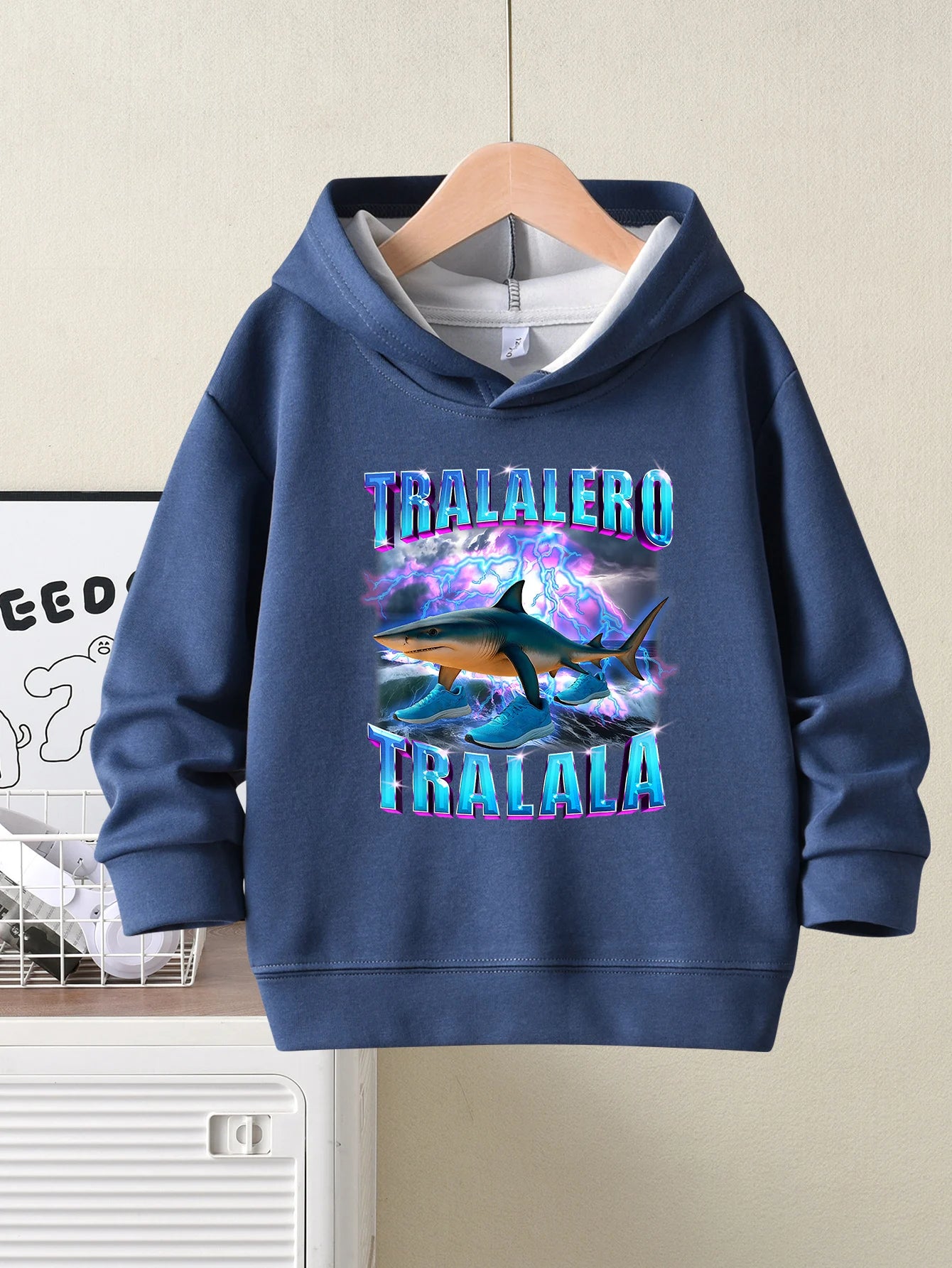 Children's clothing hoodie; shark print pattern; trendy boys' top; hooded pullover sweatshirt to be worn as outerwear.