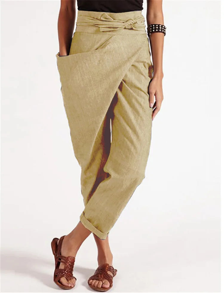 Women's Wide Leg Pants women Trousers Elastic Waist Cargo Casual Pants With Band Irregular lace up cropped pants ropa mujer