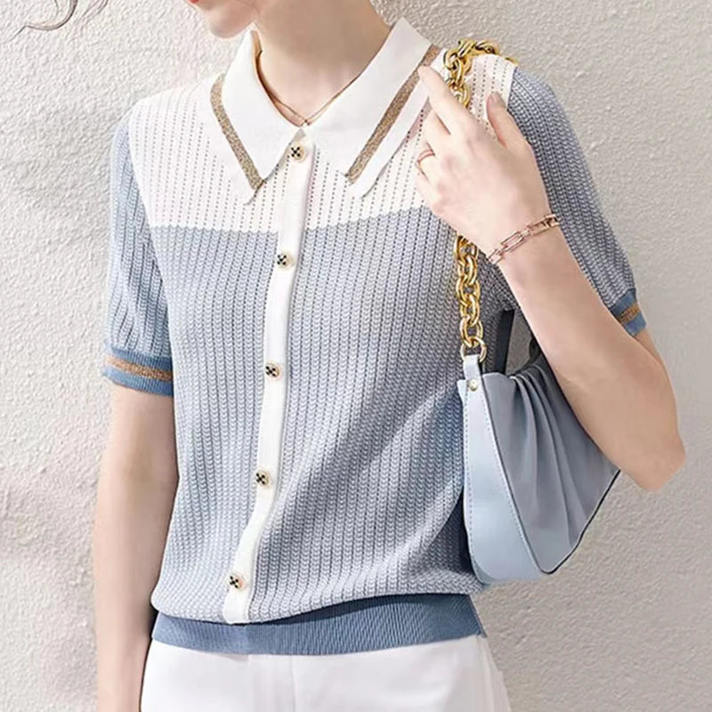 Ropa De Mujer 2024 Summer Casual Tees Patchwork Knitted Tops Women Turn Down Collar Loose T Shirt Female Short Sleeve Tshirts