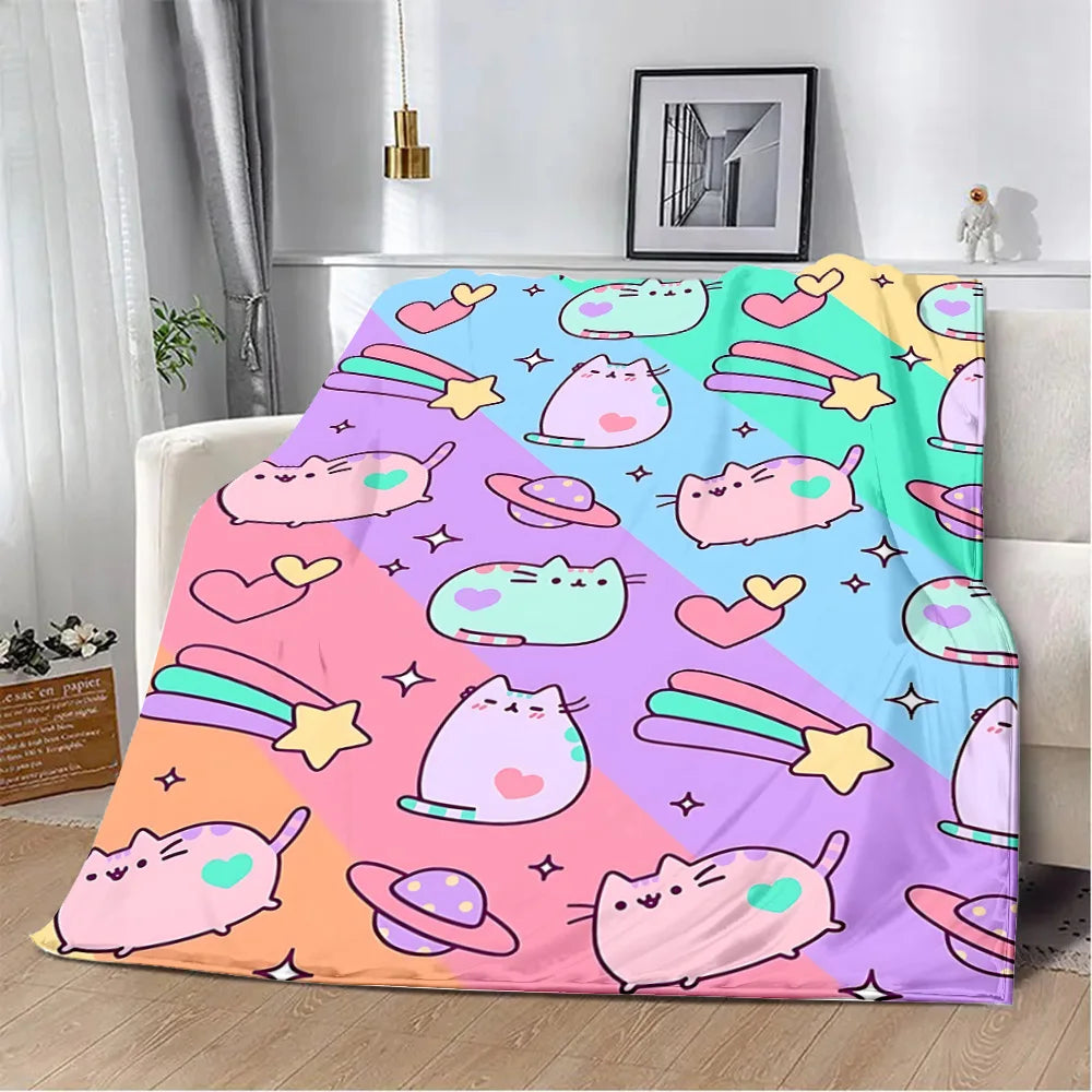 Cartoon Printed Blanket Picnic Blankets Cute Pusheens Cats Warm Blanket Soft and Comfortable Blanket Home Travel Birthday Gift