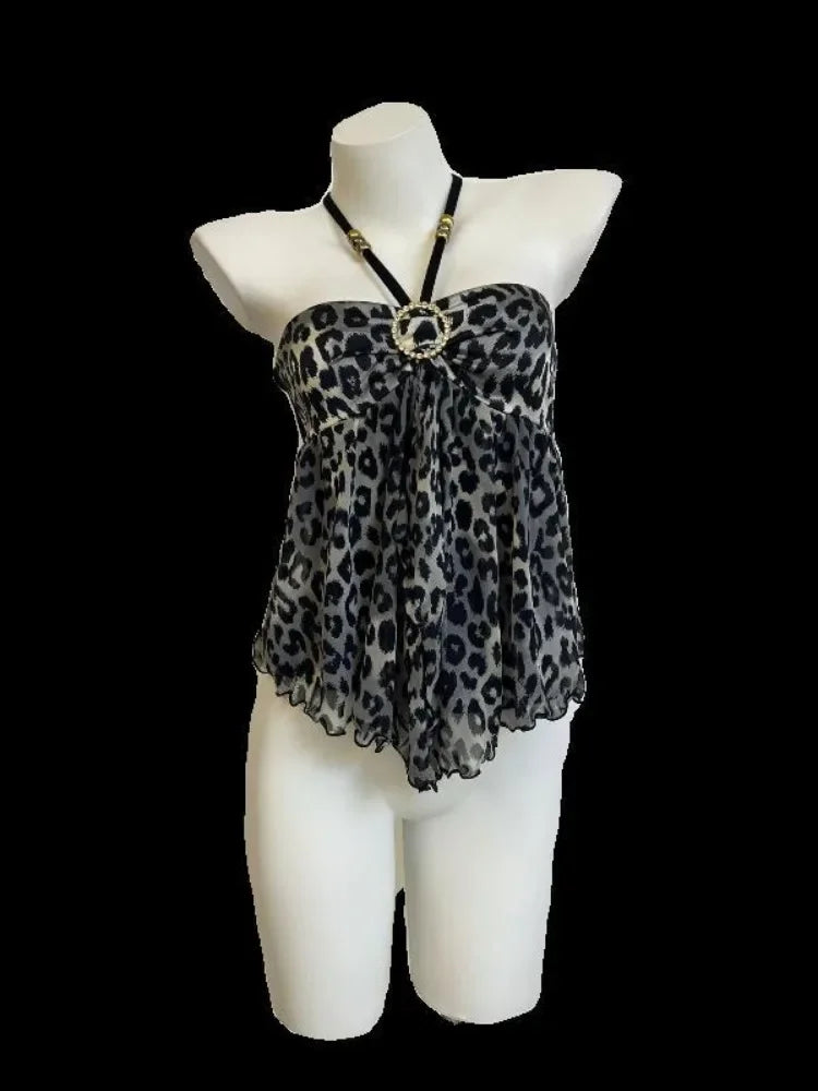 Women Clothing Summer Crop Tops 2025 Ropa Mujer Halter Backless Loose Vest Sweet Korean Camis Korean Leopard Print Sexy Tanks