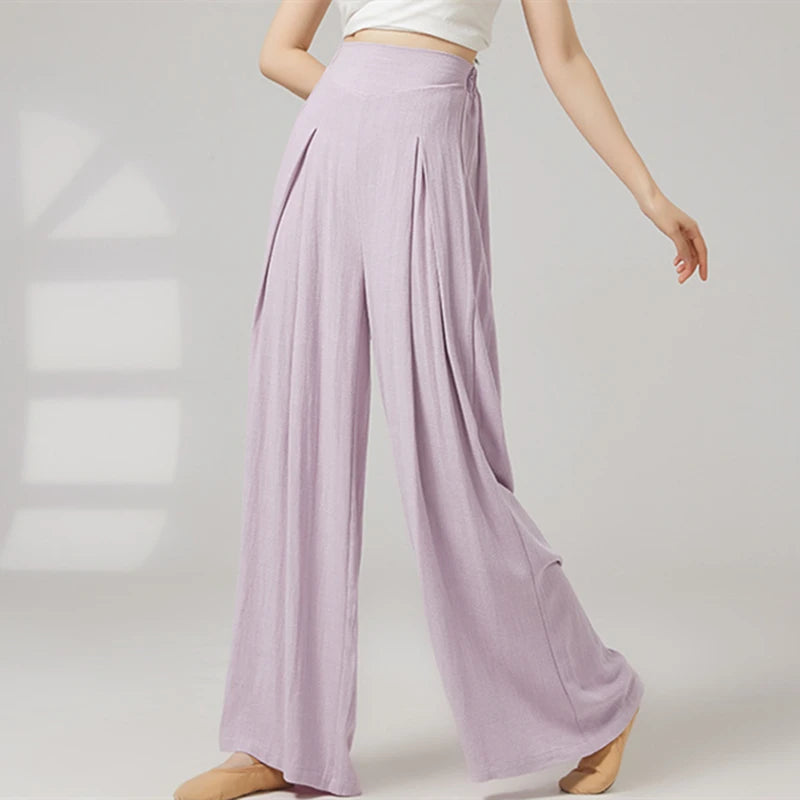 Modern Dance Pant Women Pleat Wide-Leg Trousers Long Straight Elastic Waist Casual Daily Wear Classical Stage Training Costumes