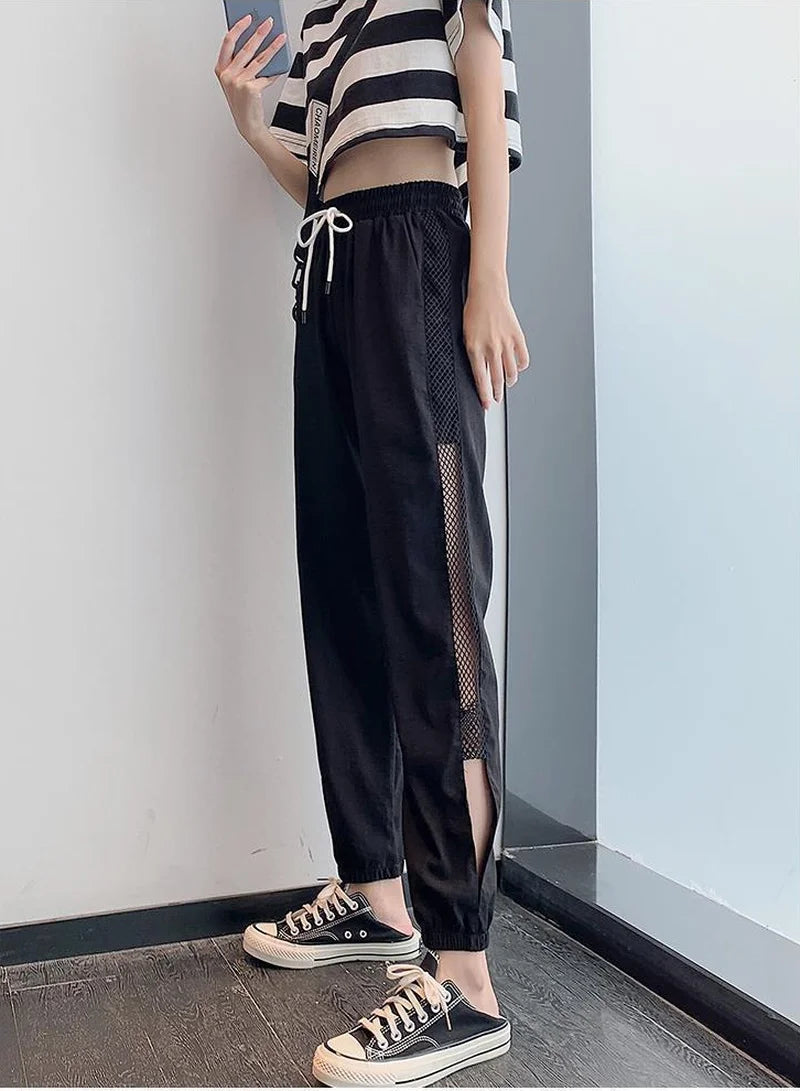 Woman Cropped Trousers Ice Silk Summer Sweat Home Sports Pants for Women Joggers Jogging Fashion Harem Sarouel Sweatpants Ripped