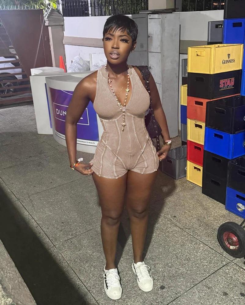 Women Ribbed 1 Piece Rompers 2025 Summer Casual Washed Retro Playsuits Street Clothes Sexy V Neck Sleeveless Bodycon Jumpsuits