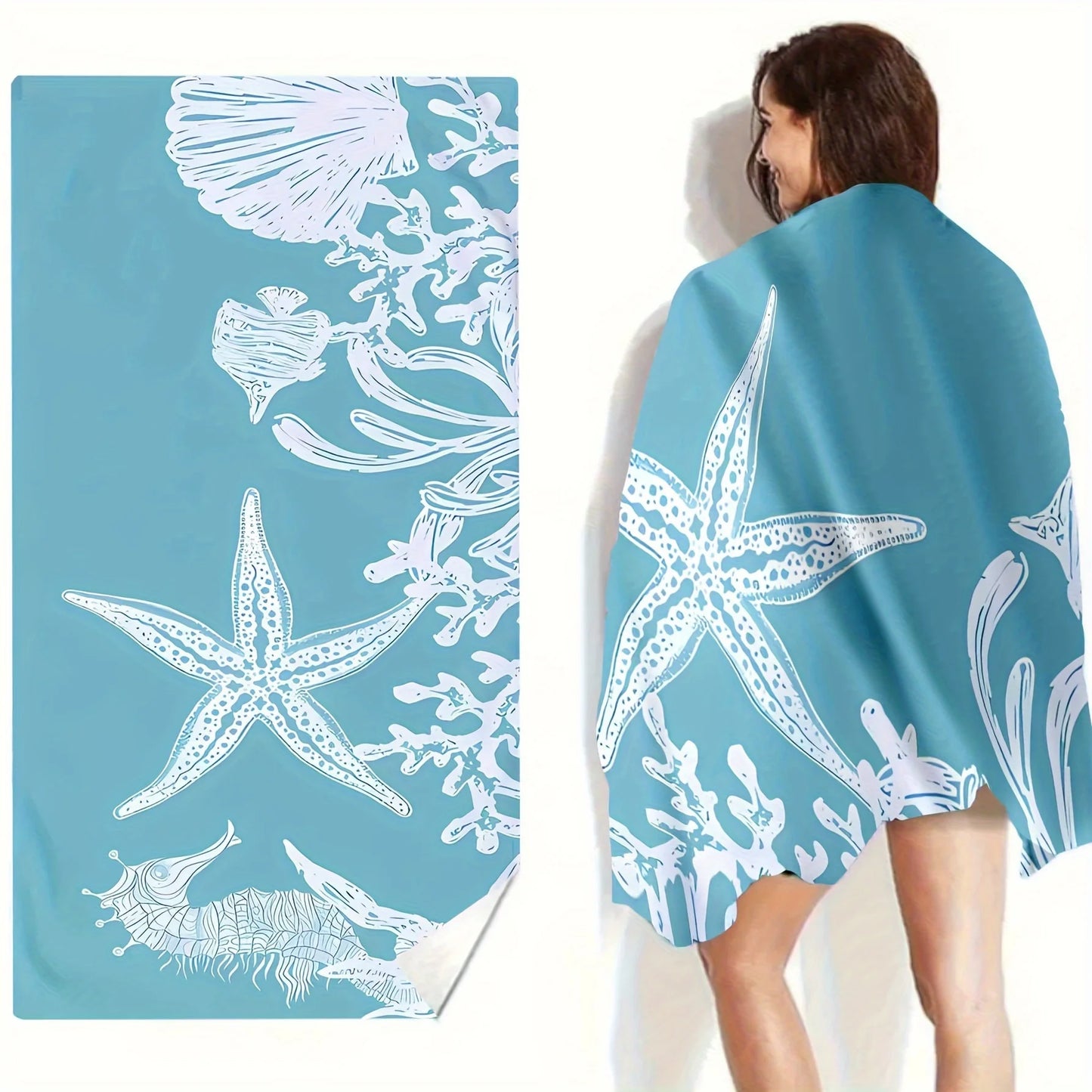 Beach Towel White Marine Life Pattern Sun Protection Windproof Suitable For Beach Pool Camping Travel Beach Blanket