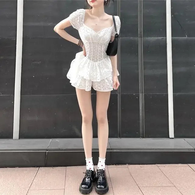 Women Dresses Square Collar Hollow Ruffled Girl Short Culottes Vestido De Mujer Femme Robe