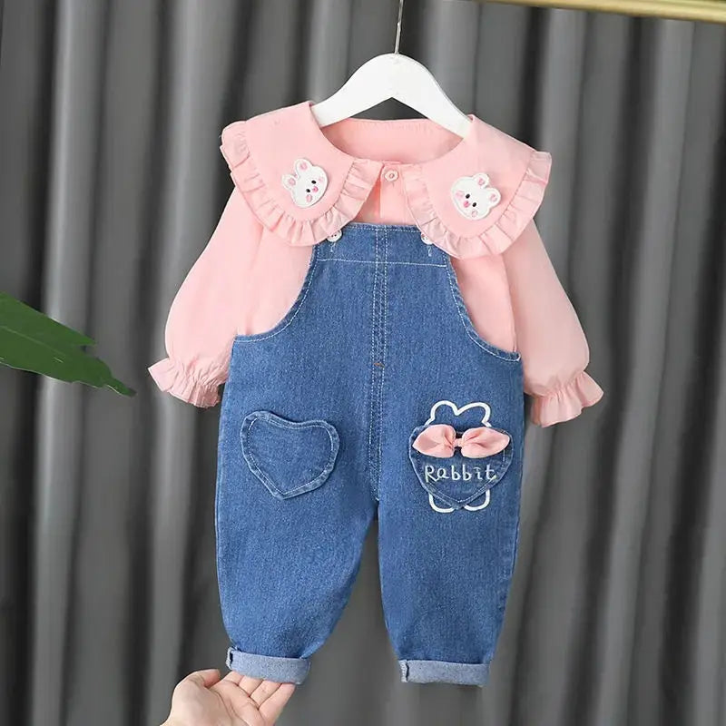 Cute Spring Autumn Children Cotton Clothes Baby Girls Suit fot cute top+ denim Pants 2Pcs/sets Out Kid Fashion Clothing sets