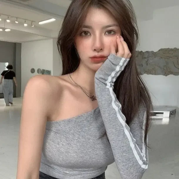 2025 Ropa Mujer Sexy Tshirts Women Off Shoulder Long Sleeve Tunic Black Tees Chic Casual T Shirt Summer Harajuku Y2k Crop Tops