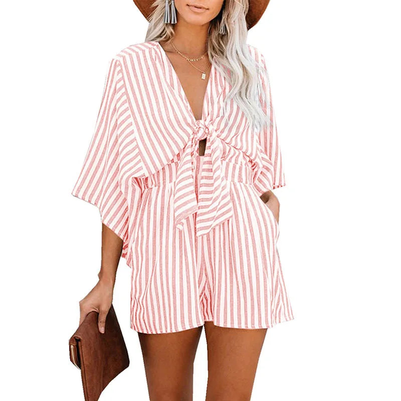 Womens Sexy Deep V-neck Romper Summer Loose Stripe Playsuit Ladies Fashion Holiday Pants Beach Lace Up Jumpsuit Ropa Mujer 2024