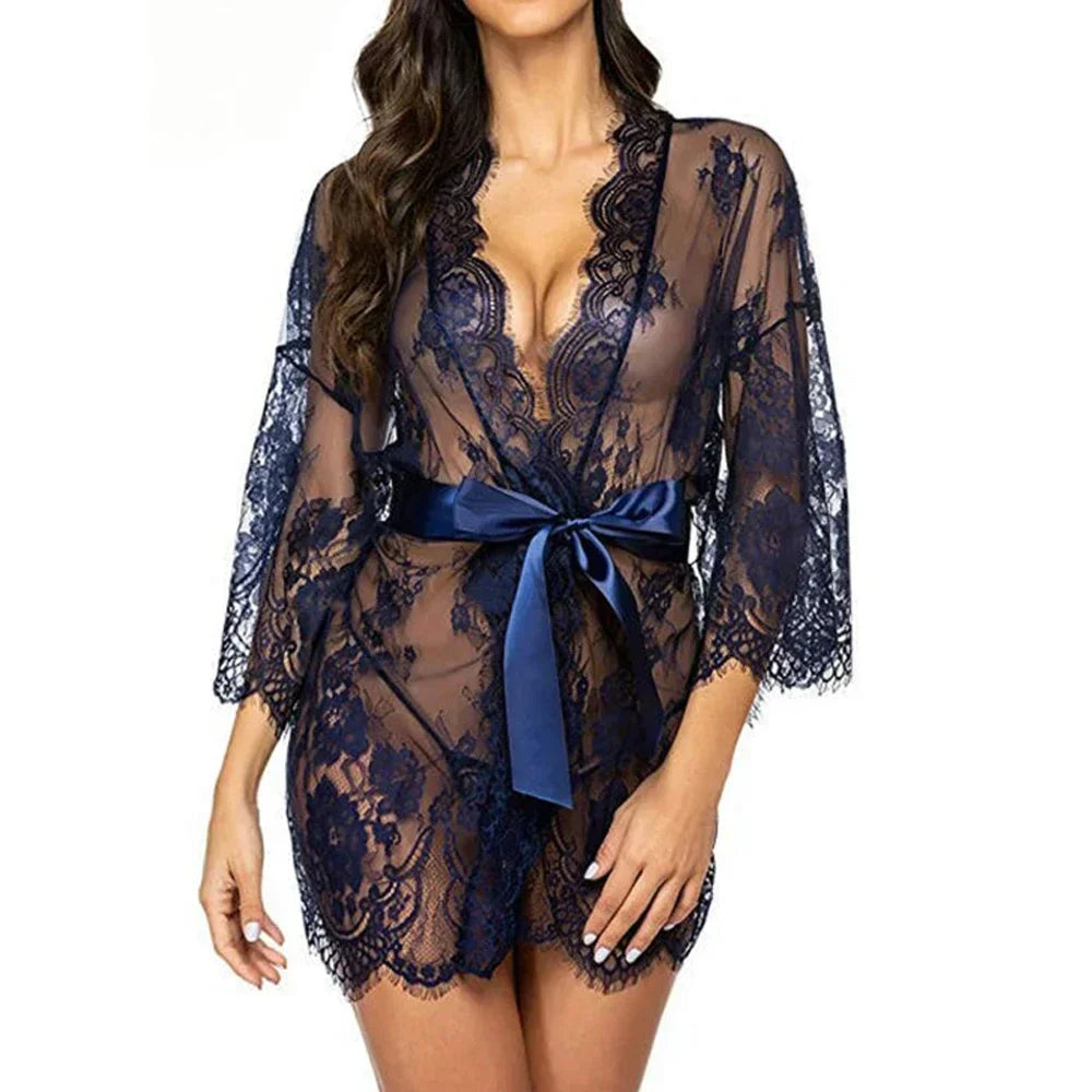 Sexy Lace Robe Dress+G String Thongs Women Erotic Transparent Sleepwear Pajamas Lace Nightdress Mujer Pornos Costumes Underwear