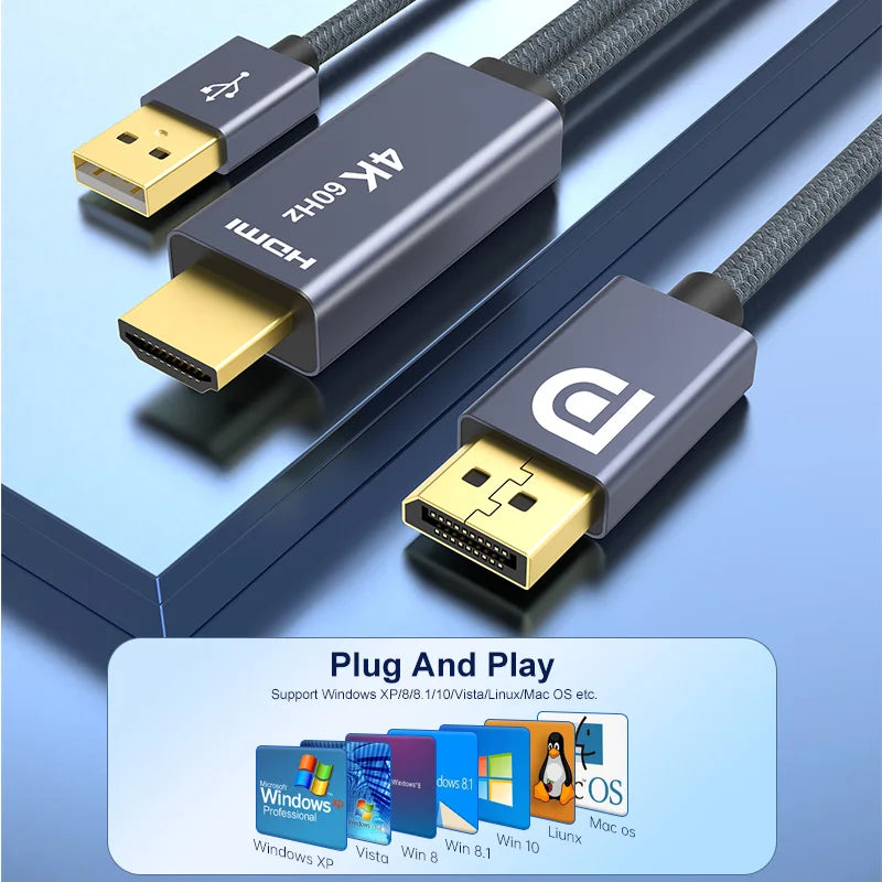 4K HDMI to DP Cable HDMI To Display Port Converter 144Hz Audio Video DisplayPort Cord Unidirectional HDMI to DP 1.2 Adapter