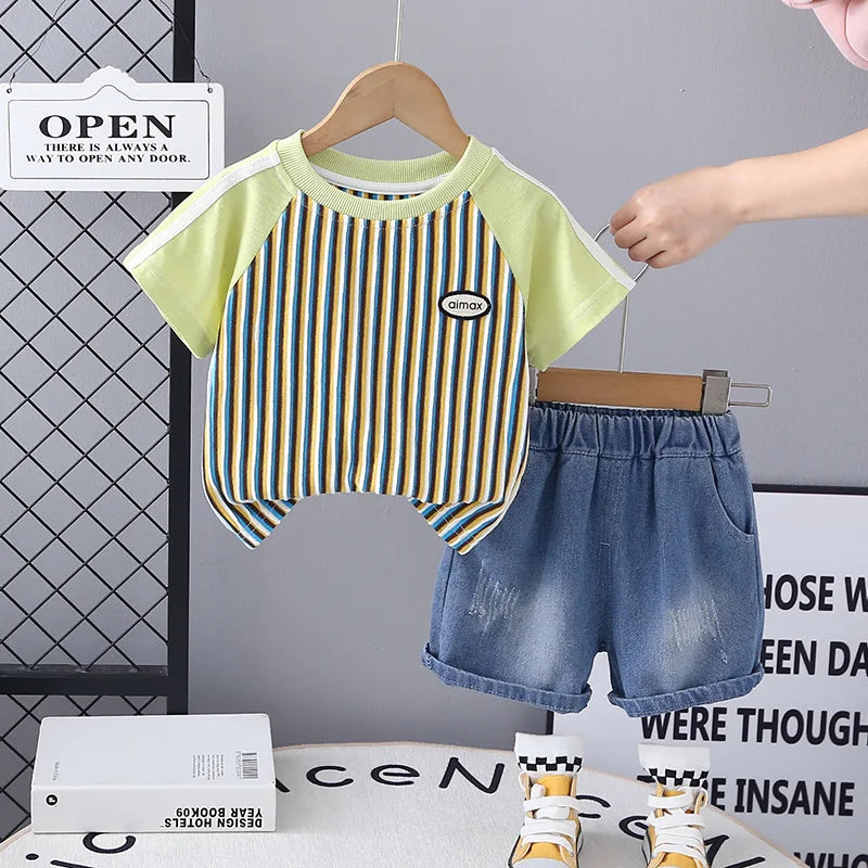 Baby Children's Summer Clothes Set 1-5Y Raglan Sleeve Striped T-shirt and Denim Shorts Boys 2pcs Suit Kid's Short Sleeve Outfit