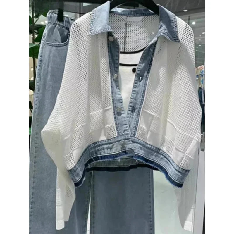 2025 Women Clothing Streetwear Fashion Coats Patchwork Denim Hollow Out Y2k Tops Korean Outwear Casual Loose Jackets Ropa Mujer
