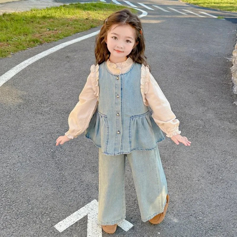 Children's Clothing Sets Girls Denim Vest + Long Sleeve Shirt + Wide Leg Pants Three-piece Suit Toddler Kids Boutique Clothes