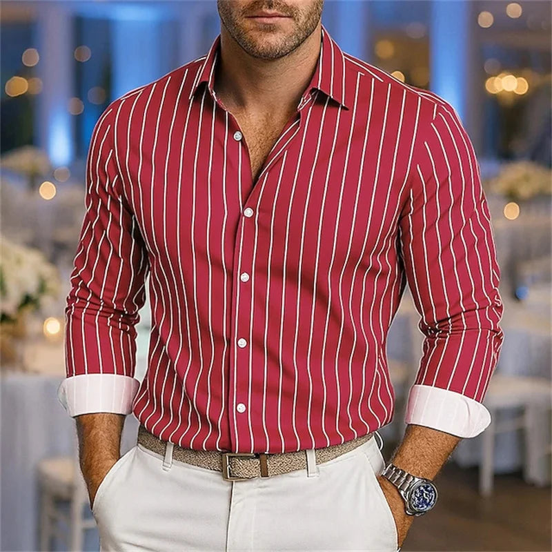 Camisa holgada a rayas para hombre, informal, transpirable, con solapa y botones, manga larga en 11 colores, tela suave y cómoda