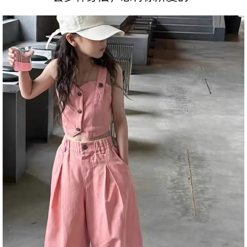 Children's Clothing Girls' Denim Suit Summer Wear Junior Girls Camisole Vest Loose Straight Leg Pants Two Piece Set Korean
