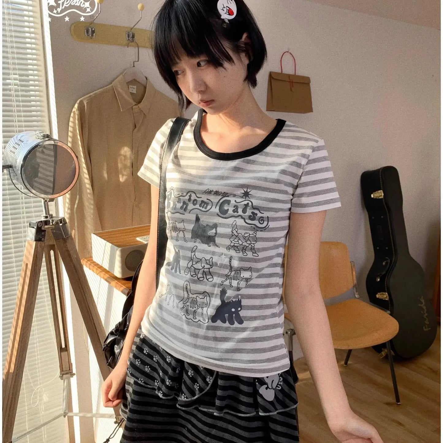 2025 Ropa Mujer Cat Print Cute Striped Woman Tshirts Summer Korean Fashion Tees Casual Japanese T-shirt Y2k Tops Women Clothes