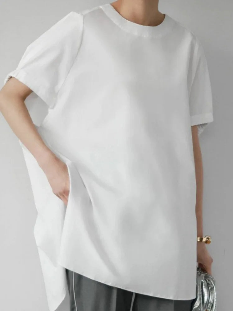 2025 Ropa Mujer Korean Tshirts for Women Short Sleeve O-neck Temperament Summer Chic Tops Casual Fashion White Irregular T Shirt