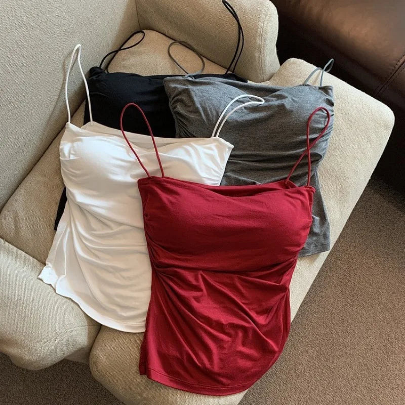 Women Sexy Ruched Camisole Top with Built-in Bra Solid Color Spaghetti Sweet and Spicy Sleeveless Outerwear Vest
