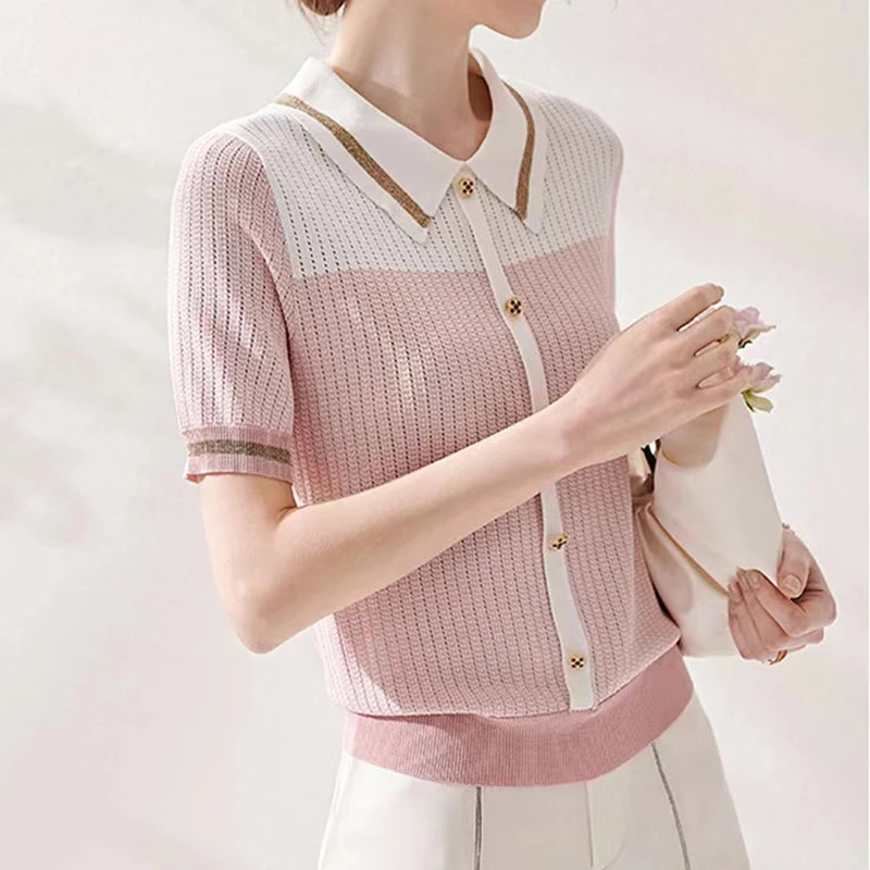Ropa De Mujer 2024 Summer Casual Tees Patchwork Knitted Tops Women Turn Down Collar Loose T Shirt Female Short Sleeve Tshirts
